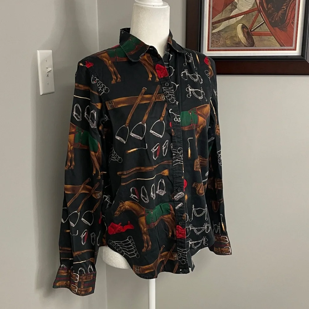 Ralph Lauren Equestrian Printed Button Down Shirt Medium Vintage Y2K Old Money - Picture 2 of 4